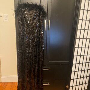 Elegant, Black New York & Company Feather-Trim Sequins Jumpsuit in Size Small